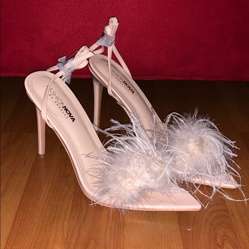 Nude furry pointed toe heel